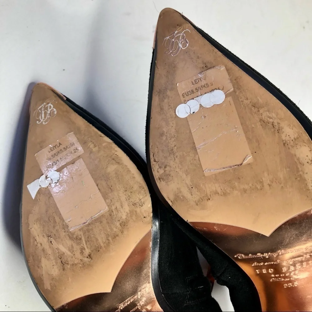 Ted Baker Leiyla black suede ankle booties pointy toe copper rose gold hardware
